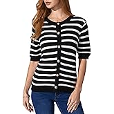 OYOANGLE Women's Short Sleeve Sweater Spring Summer Crochet Knit Top V Neck Striped Button Down Dressy Casual Blouse