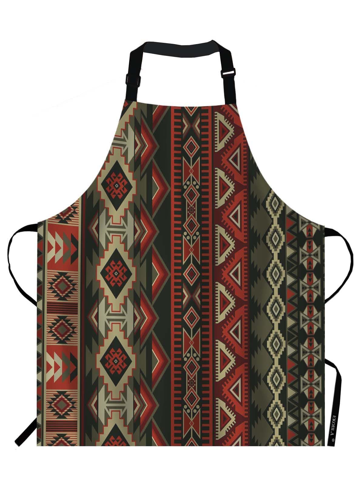 EKOBLA Aztec Print Aprons Native American Style Decorative Geometric Ornament Tribal Design Waterproof Resistant Chef Cooking Kitchen BBQ Adjustable Aprons for Women Men 27x31 Inch
