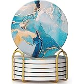 6 Pcs Light Blue Marble Abstract Ceramic Coasters with Holder Best Round Drink Absorbent Coasters for Desk, Lounge, Coffee, Wine, Beverage, Dining Table Decor, Bar Coaster Set