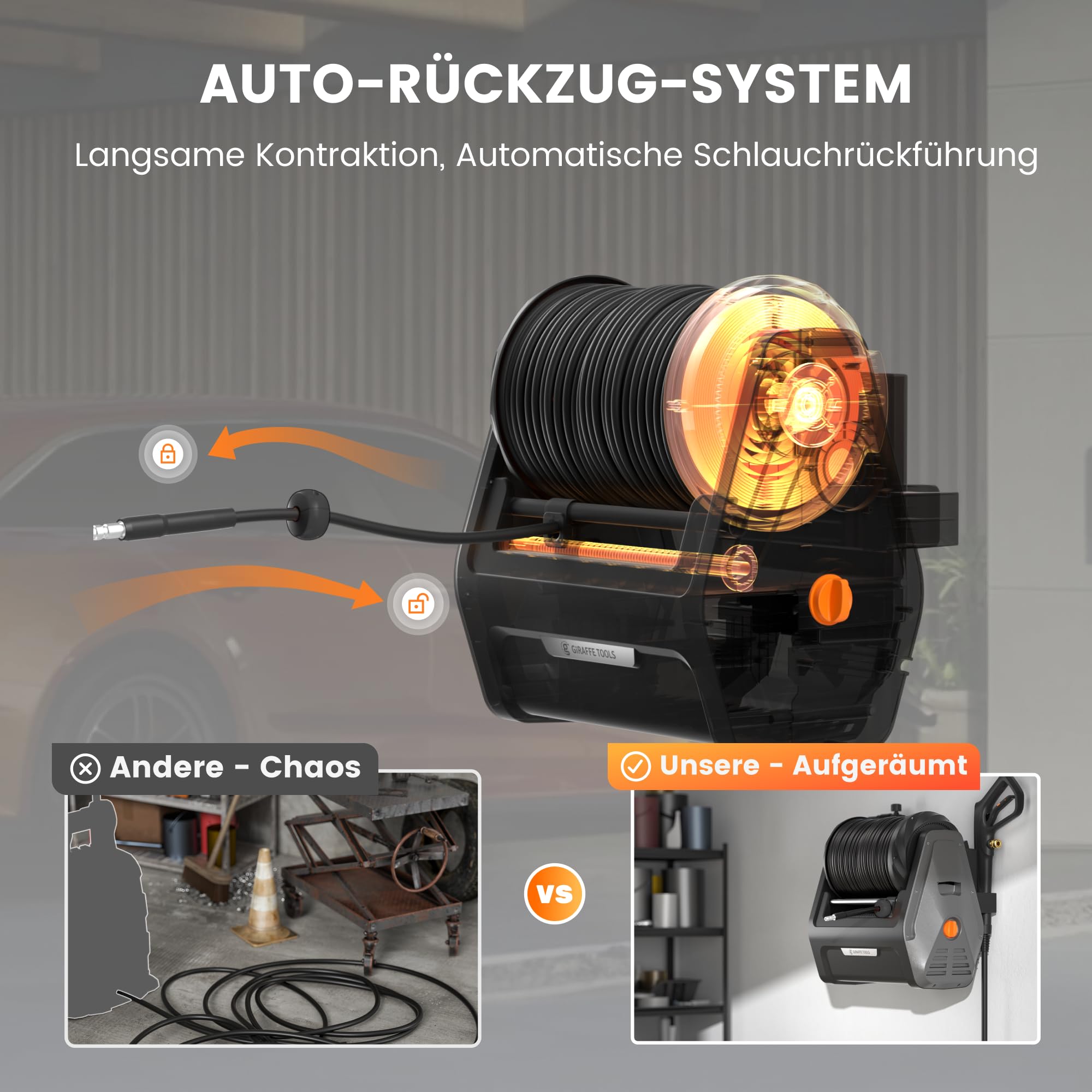 Giraffe Tools Wandmontierter Hochdruckreiniger, 1800 Watt, Max 2400 PSI, 2.0 GPM Elektrischer Wasserdruckreiniger, mit 30M Einziehbarem Schlauch, für Autos/Zäune/Garten, Schwarzer Harter Schlauch 4