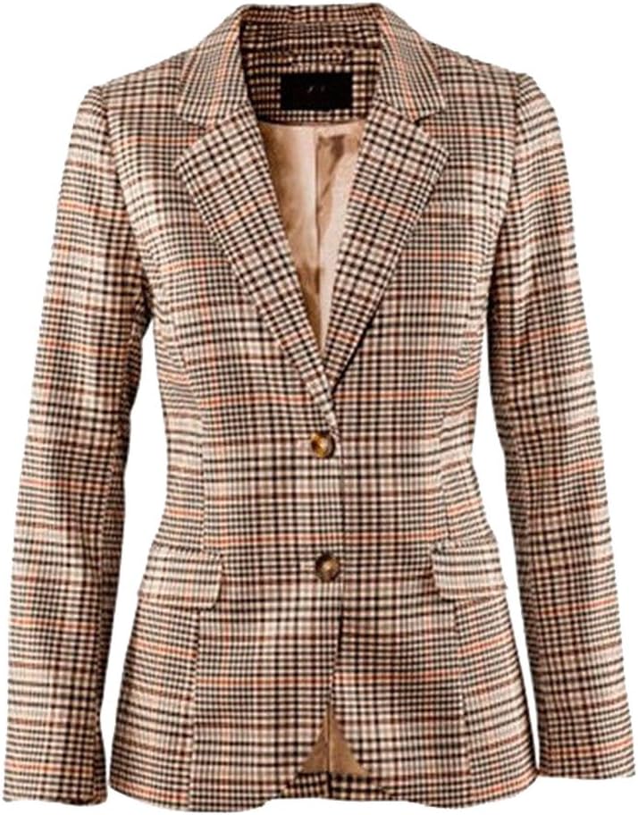 Women's Vintage Two Button Plaid Blazer Elbow Patch Slim Fit Long Blazer Jacket