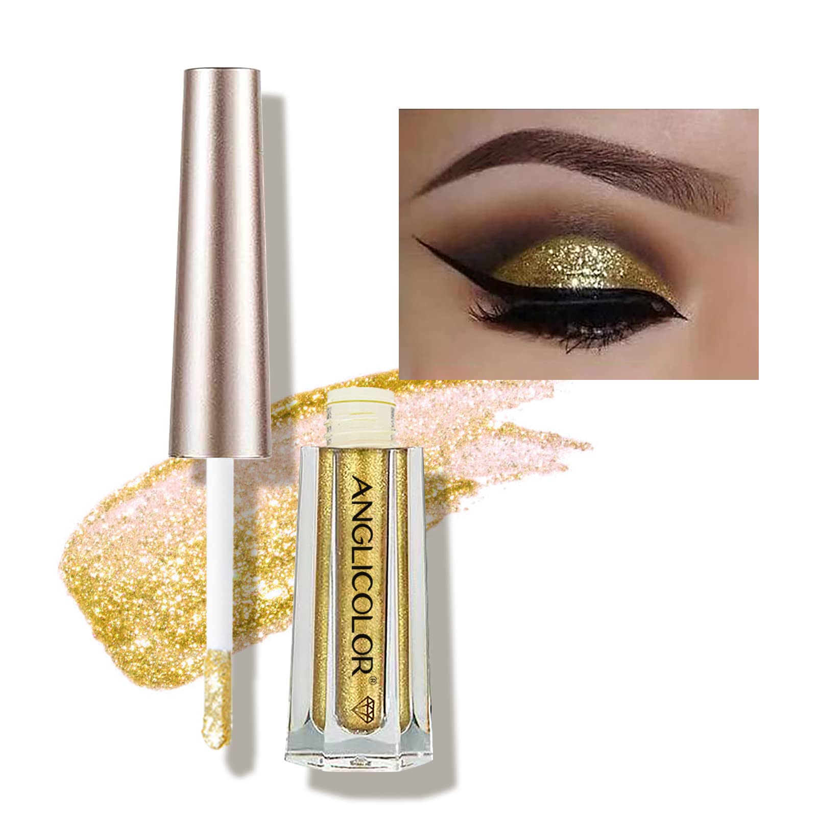 Diamond Glitter Liquid Eyeshadow & Eyeliner Pen, Starry Sequins Mermaid Eye Shadow, Crease Resistant, Long Lasting and Pigmented Sparkling & Shimmer Eyes Makeup(#02 Gold)
