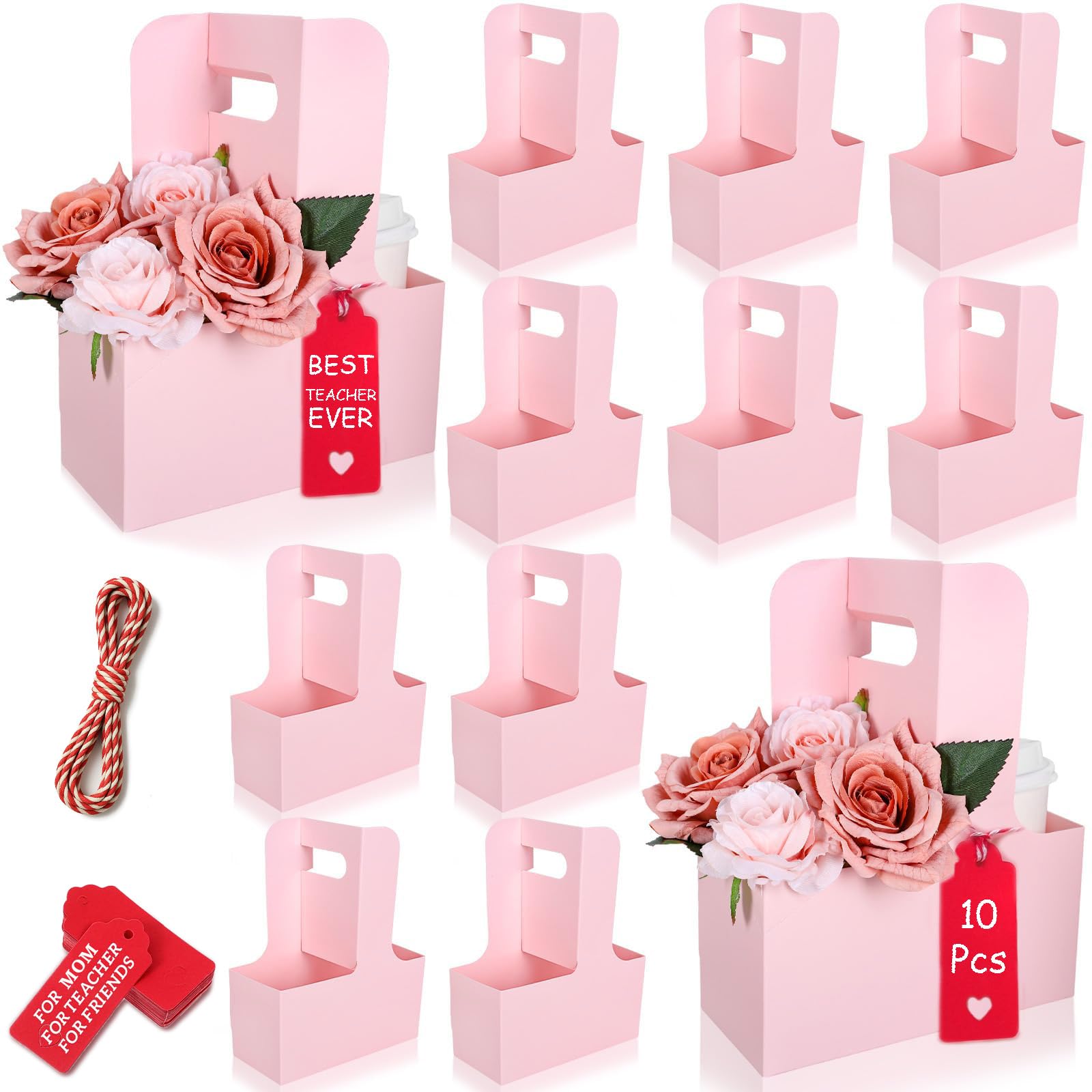 Photo 1 of 10 Pack 2 Cup Disposable Pink Drink Carrier with Handle Paperboard Coffee Cup Holder Portable for Hot Cold Drinks Food Delivery Services with Heart Card for Teacher Appreciation Week Mother's Day