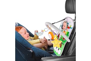 UNIH Car Seat Toys for Baby Infant 6 Months and Up, Adjustable with Baby Mirror and Hanging Squeaky Sensory Soft Toys 6 to 12 Months (with Music) Christmas Gitt for Kids