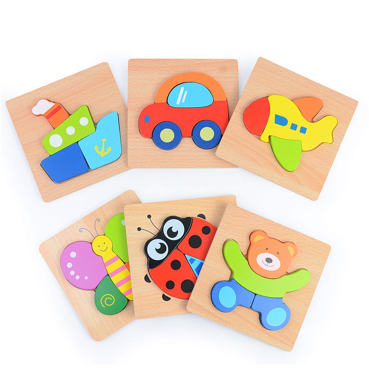Sinwind Wooden Jigsaw Puzzles for Kids, 6 Packs Educational Toy Wooden Jigsaw Puzzles Set for Toddlers, Colourful STEM Montessori Toddlers toys Learning