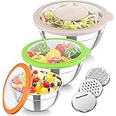 TeamFar Mixing Bowls, 3PCS Stainless Steel Serving Salad Bowls with Lids & 3 Graters, For Kitchen Mixing/Baking/Storing/Prepping, Visible & Airtight, Easy Clean - 4.5/3 / 1.5 QT, Multi-color