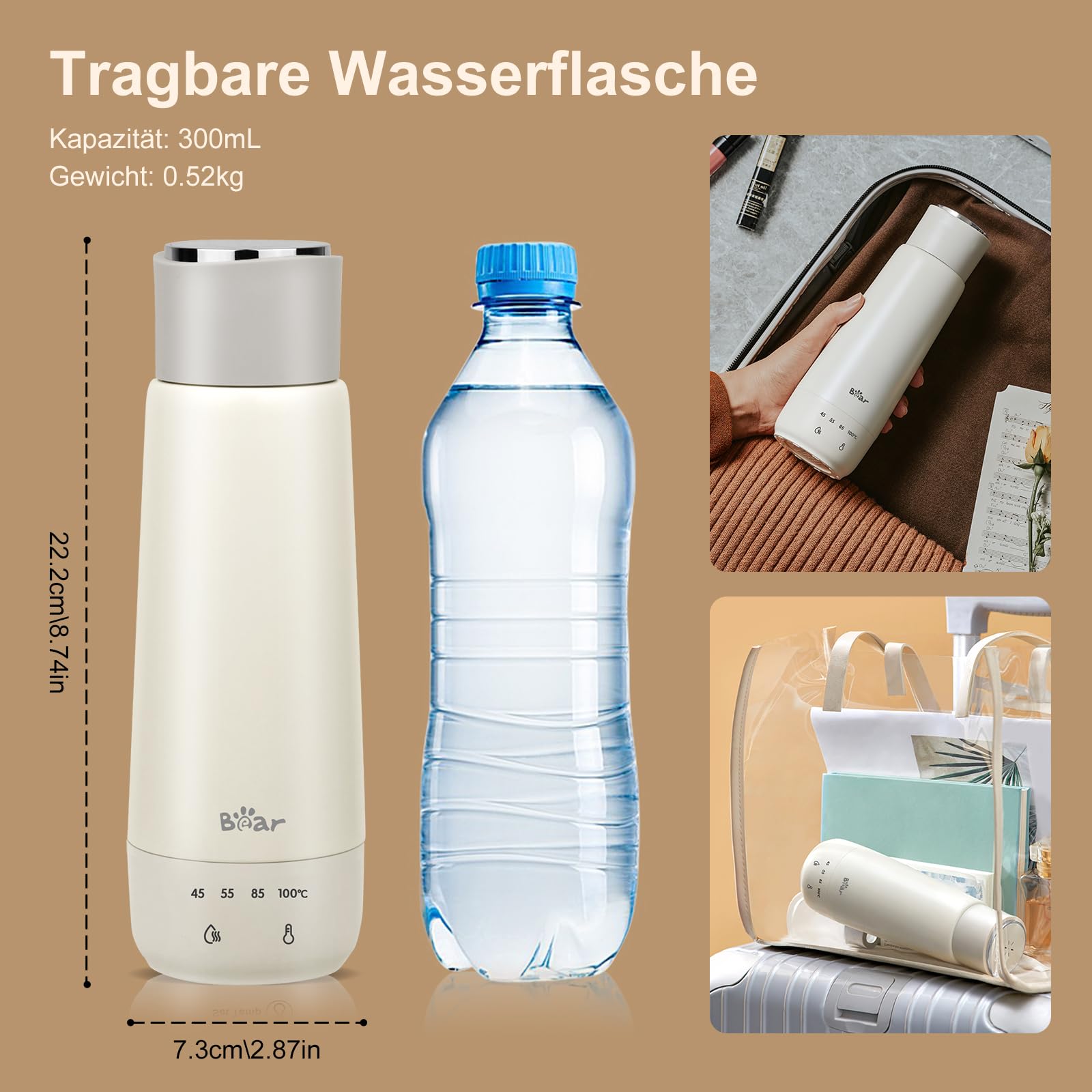 Bear 300ml elektrischer Wasserkocher, 3-in-1 Reise-elektrischer Wasserkocher, Doppelschicht 304 Edelstahlliner, tragbarer kleiner schneller Heizungsisolierungsbecher(Doppeltaste) 5
