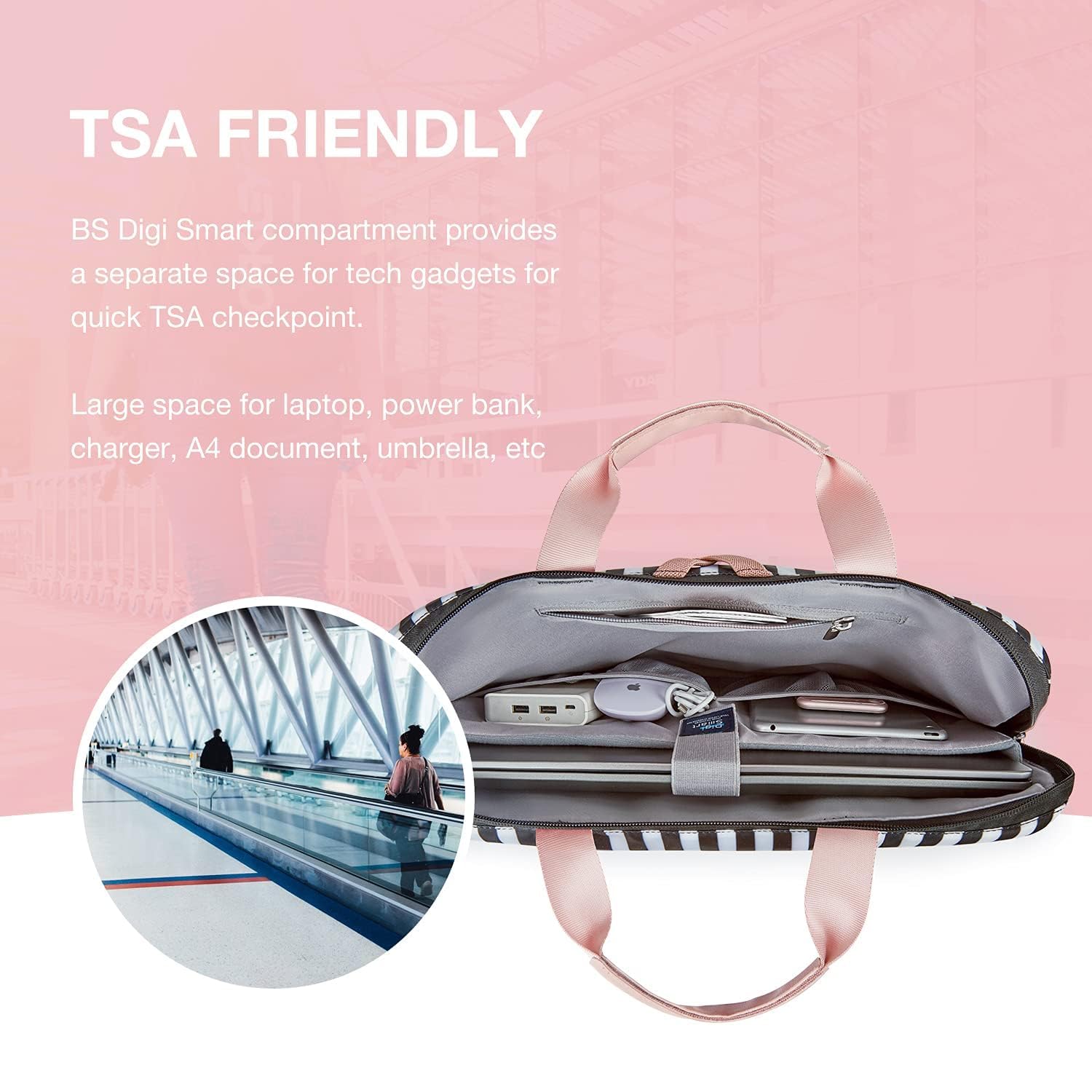 BAGSMART Laptop Bag for Women, 15.6 Inch Laptop Case Slim Computer, Work Briefcase, For Travel, Pink Stripes