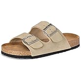 mysoft Womens Flat Sandals Cork Footbed Slides 2 Straps Adjustable Buckle Slip On Summer with +Comfort Shoes