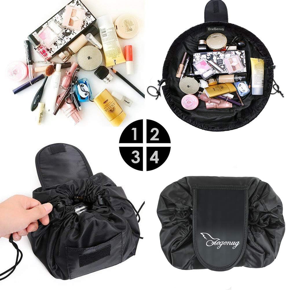 Drawstring Makeup Bag,ONEGenug Cosmetic Bag,One-Step Toiletry Organizer, Cosmetic Pouch for Lazy Ladies Black - Image 4