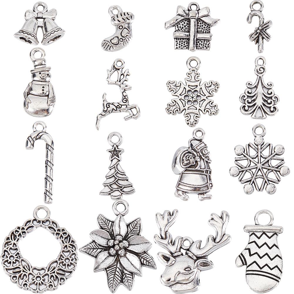 SUNNYCLUE 1 Box 64Pcs 16 Style Christmas Charm Bulk Silver Christmas Charm Tibetan Alloy Candy Snowflake Snowman Xmas Bell for jewellery Making DIY Necklace Bracelet