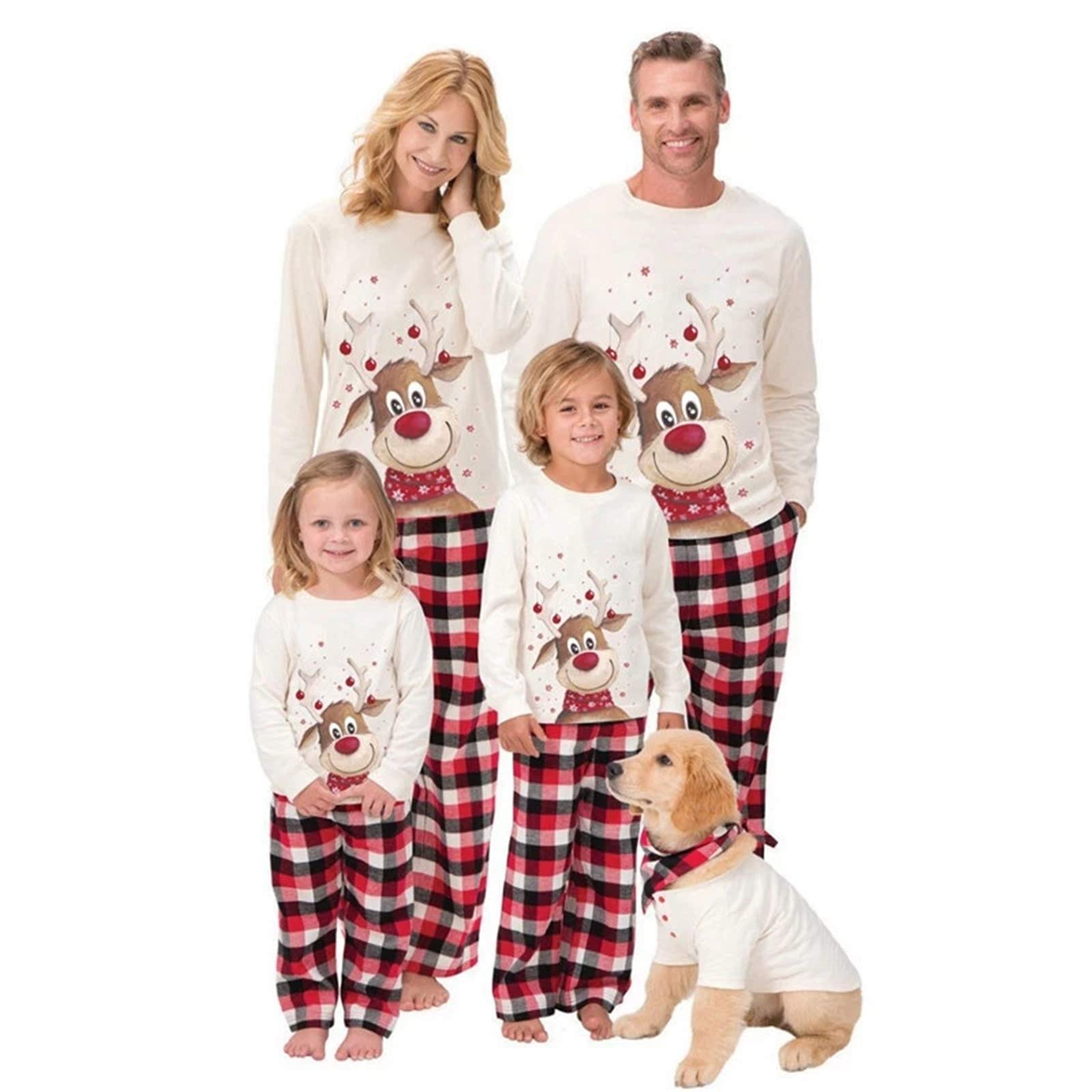 Kids Men Women Sleepwear Family Matching Christmas Pajamas Sets, Cotton Red Plaid Reindeer Loungewear, Cotton Striped Sleepwear
