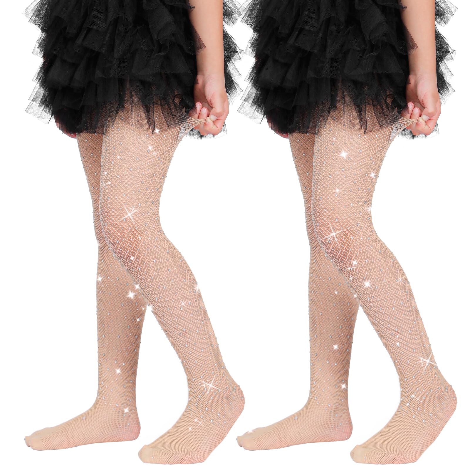 Photo 1 of MANZI 2 Pairs Girls Fishnet Stockings Sparkle Rhinestone Fishnet Tights Kids Glitter Hollow Out Pantyhose