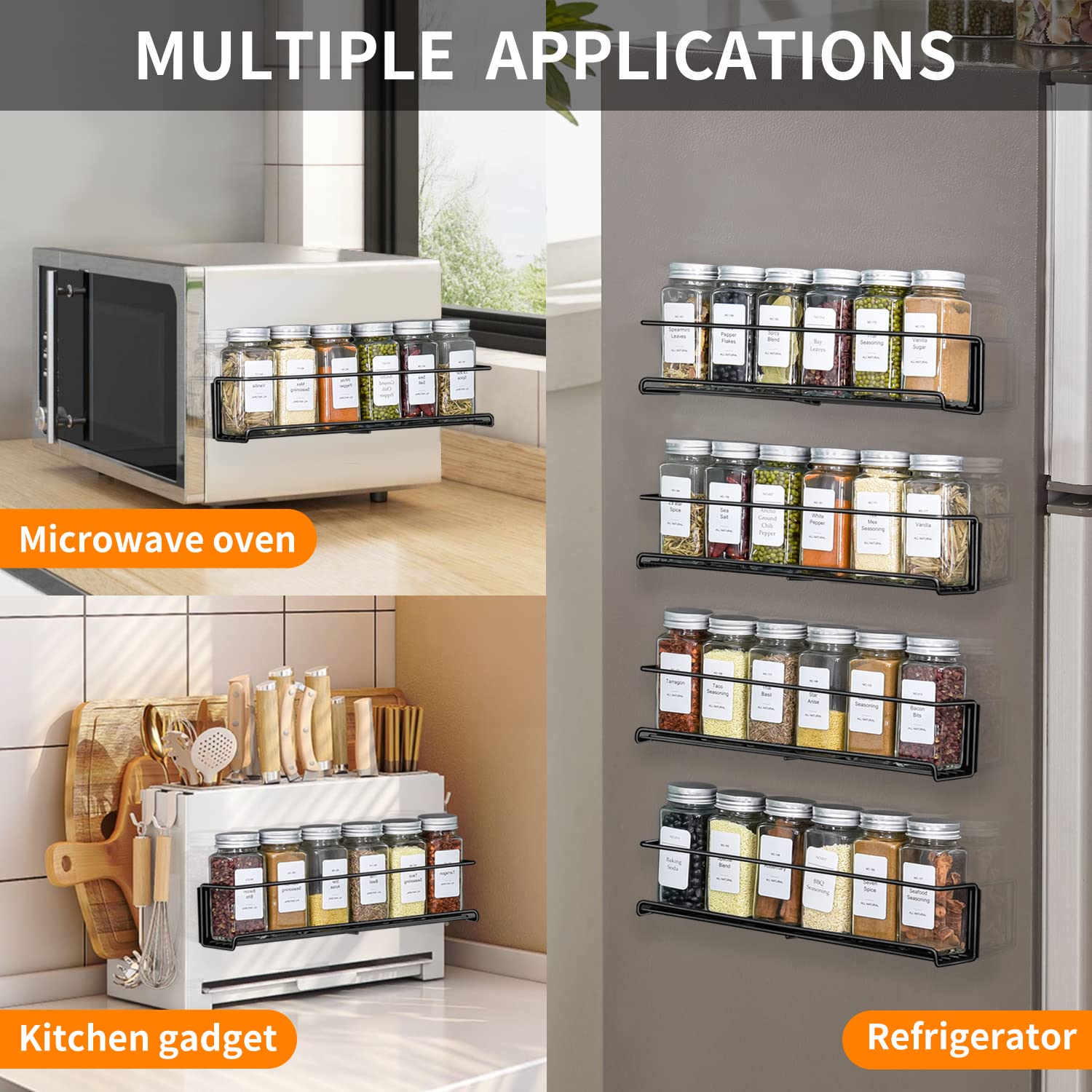 KitHero 4 Pack Magnetic Spice Rack for Refrigerator with 24 Spice Jars, 216 Spice Labels,1 Funnel-Full Set Spice Organizer, Space Saver Seasoning Organizer, Metal Kitchen Organization, Kitchen Gadgets