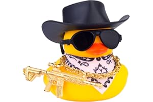 CoFuBcad Rubber Duck Dashboard Decoration Yellow Duck Car Ornament with Cowboy Hat Necklace Sunglasses Cool Prop for Car Dashboard Decorations (A-Black)