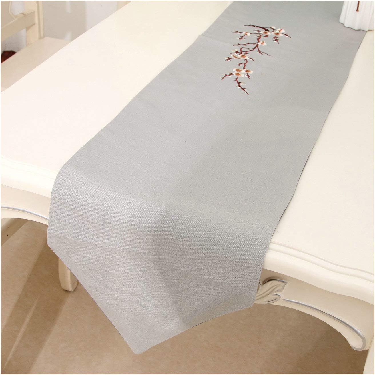 Amody Polyester Table Runner Dresser Scarves Double Plum Blossom Embroidery Kitchen Table Runner For Dinner Parties, Events, Decor Blue 32x220CM