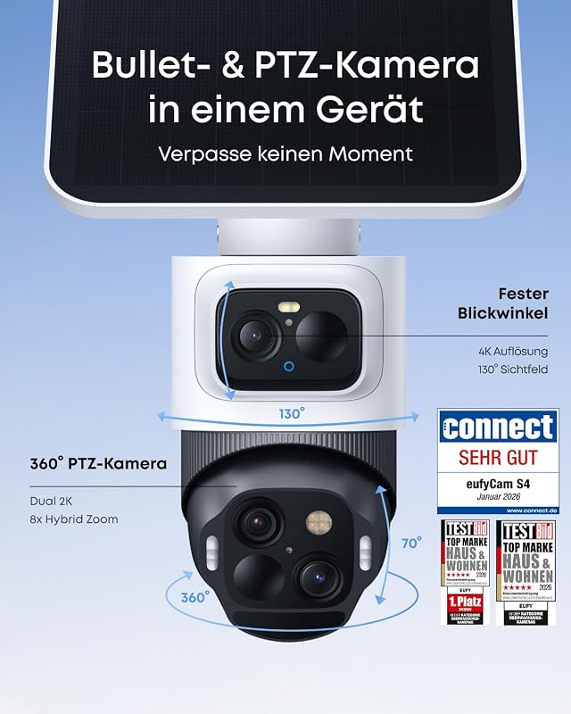 ANKER eufyCam S4, Überwachungskamera Außen, Farbnachtsicht, 8× Hybridzoom