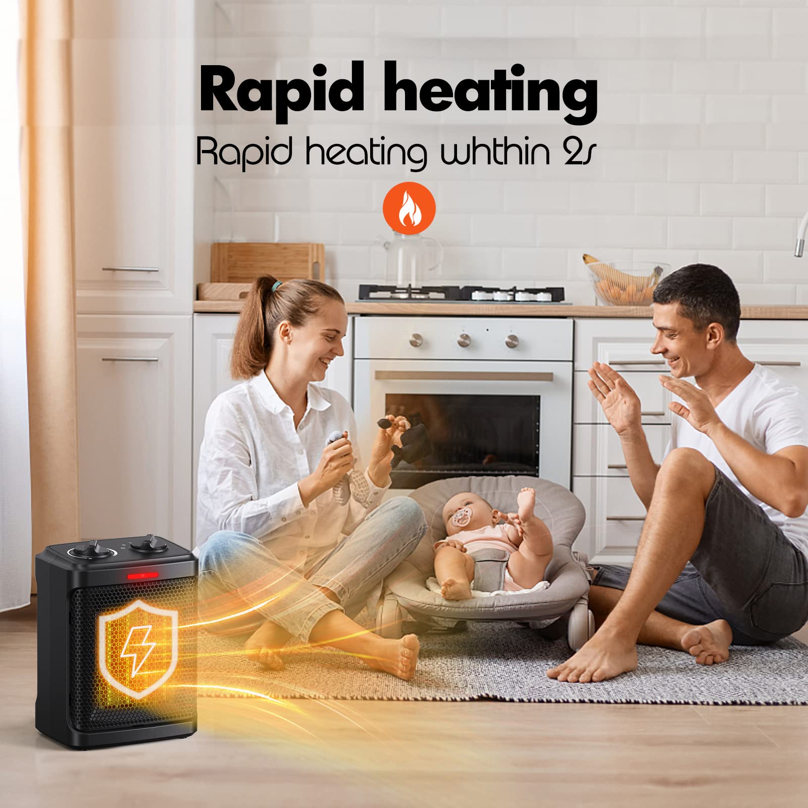 andily Space Heater Electric Heater for Home and Office Ceramic Small Heater with Thermostat, 750W/1500W (Classics black)