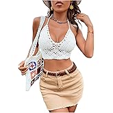 SOLY HUX Women's White Crochet Tie Backless V Neck Halter Knit Top