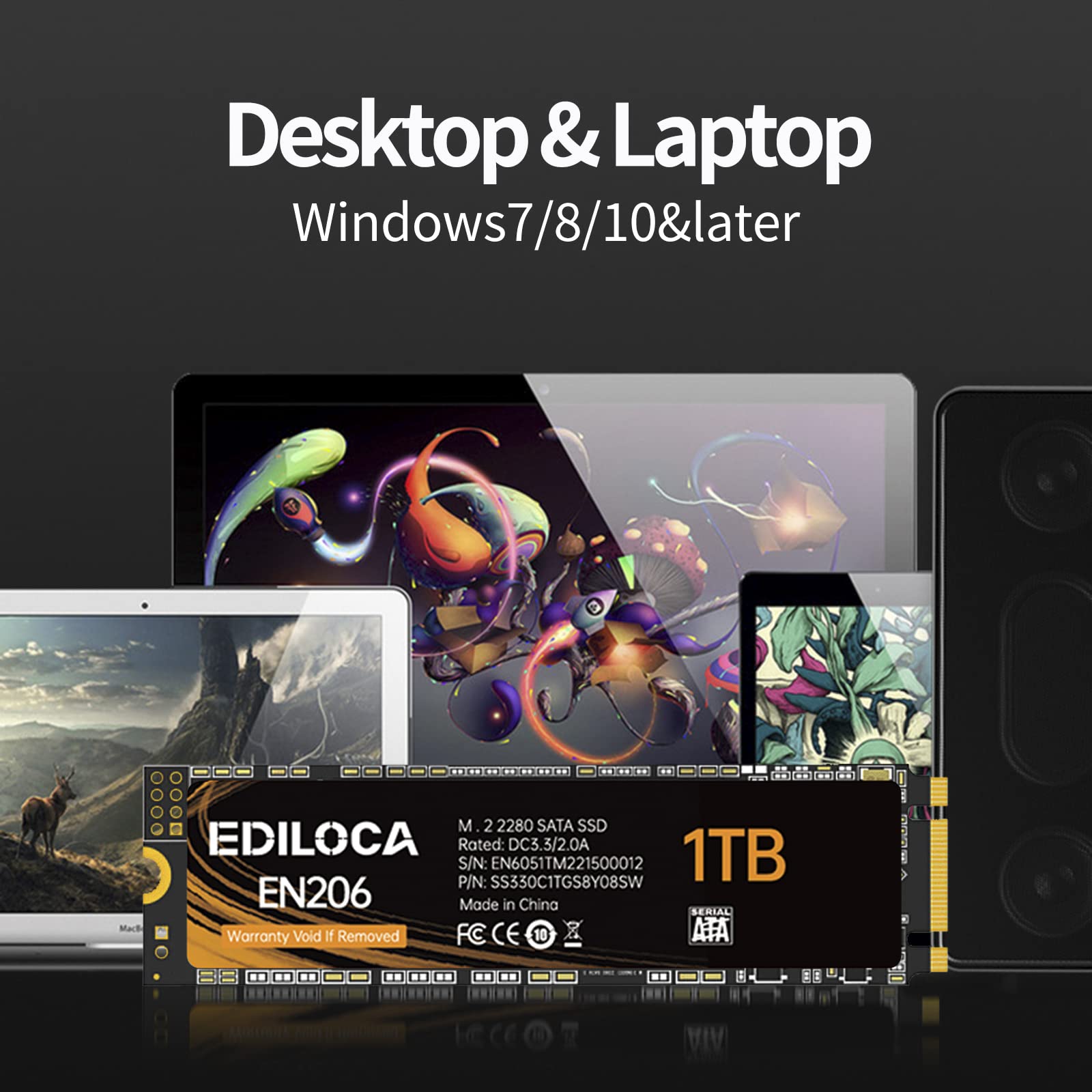 Ediloca EN206 1TB 3D NAND M.2 SSD, M.2 2280 SATA III 6Gb/s SSD Internal Hard Drive, Read/Write Speed up to 550/480 MB/s, Compatible with Ultrabooks, Tablet Computers and Mini PCs