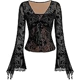 WDIRARA Women's Floral Knot Front Tops Mesh Ruffle Long Bell Sleeve T Shirts