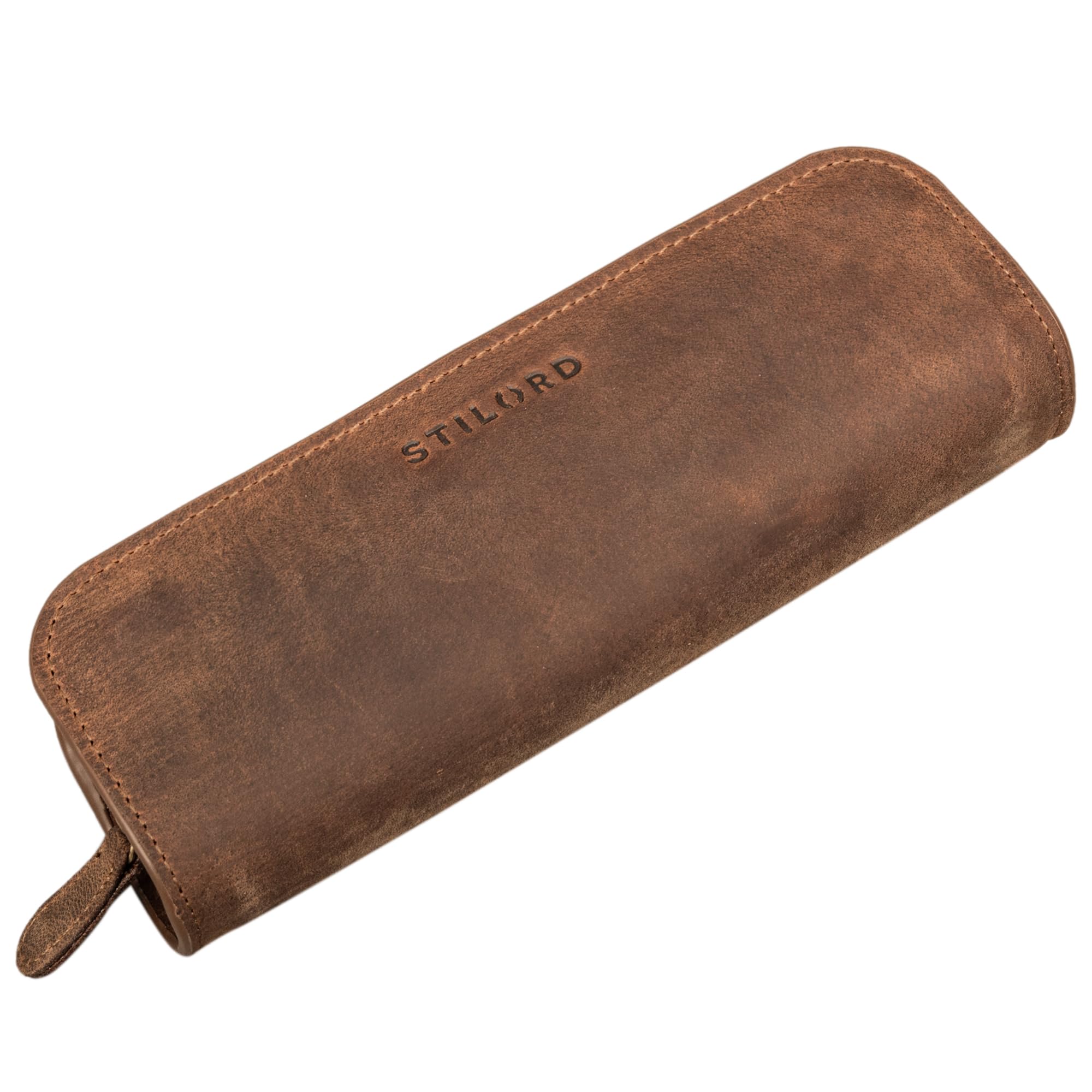 STILORD "Alfie" Leather Pencil Case Vintage Pen Case Stationary Organiser for Women Men Pencil Pouch in Genuine Leather Colour:Middle Brown