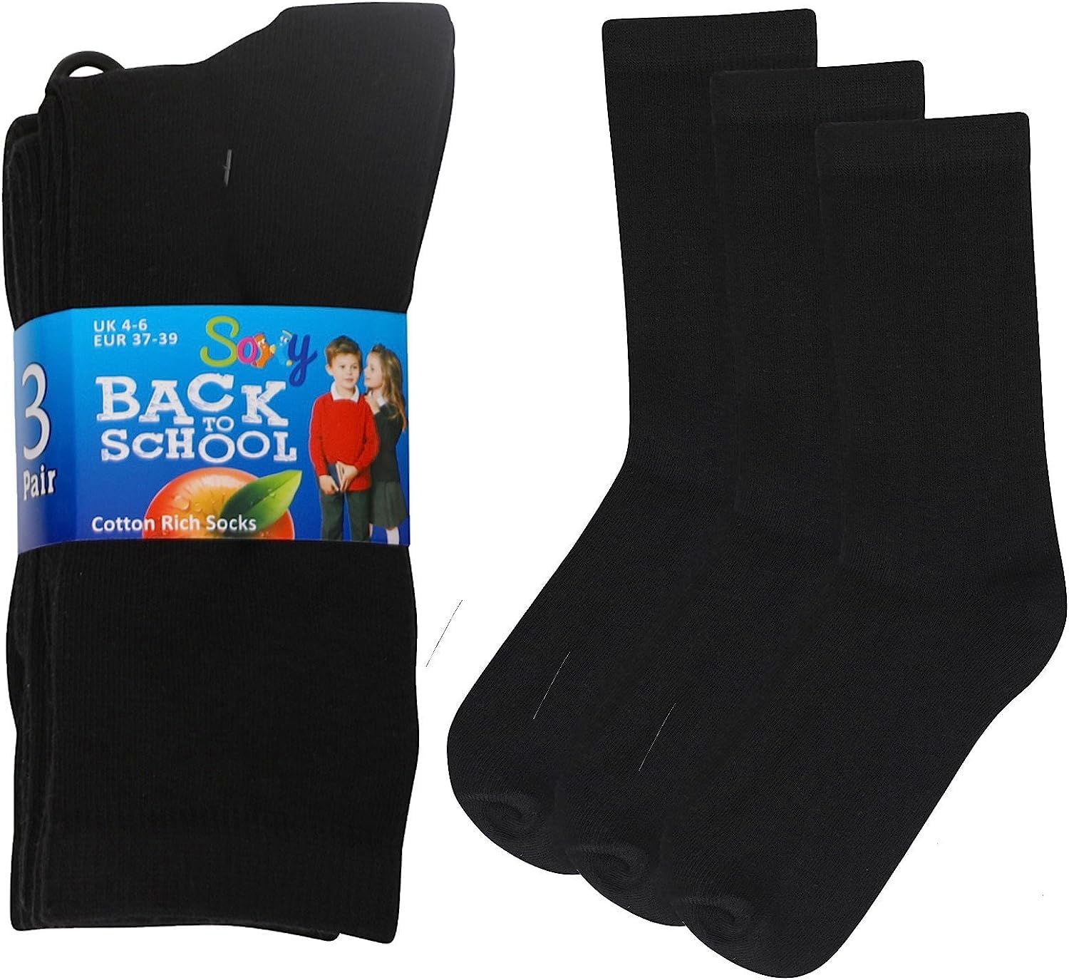 Soxy 12 Pairs Boys/Girls Ankle Cotton Rich Plain School Socks Shoe, UK 4-6 (EU 37-39), Black