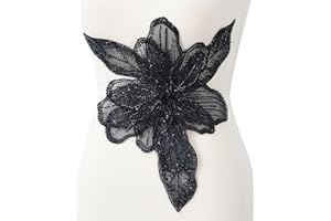 HHQ Handmade Rhinestones Applique Sewing Beads Stones Trim Lace Patches Sparkly Silvery Sew on Sequins Crystal Beaded Bodice Accessory for Wedding Dresses DIY Decorative Clothes (AP01-BK)