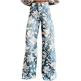 Womens Vintage Boho Floral Print Jeans - Mid Waisted Wide Leg Baggy Flare Pants Plus Size Slacks Trousers with Pockets