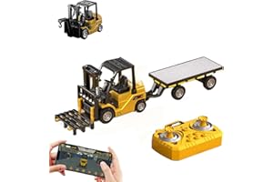 1:64 Scale Alloy RC Forklift Toy with Remote Control, 2 in 1 Transform Lift Fork & Hook Forklift Truck with Flatbed Tow Truck