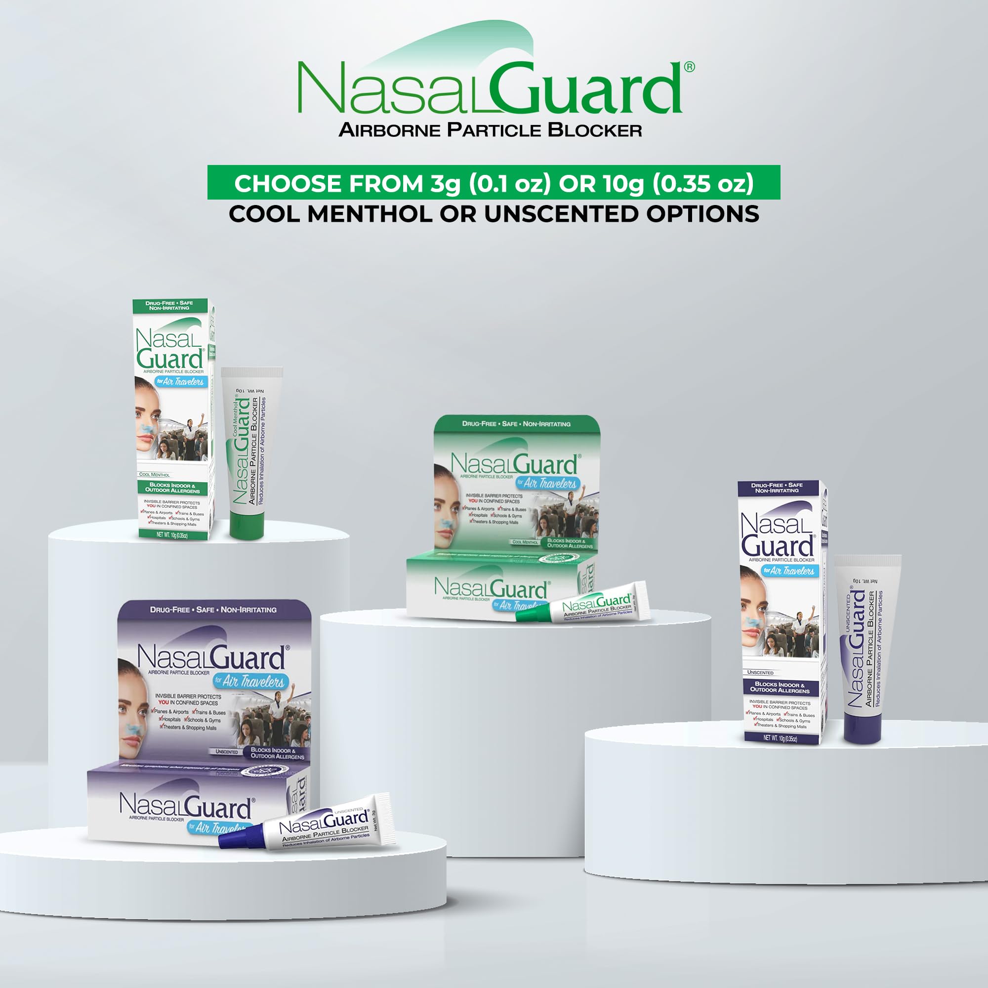 NasalGuard Airborne Particle Blocker Nasal Gel for Air Travelers - Drug-Free, Non-irritating, Non-drowsy, Ideal for Airplane Travel (Cool Menthol) - 10 gram Tube (0.35 oz, Pack of 1)