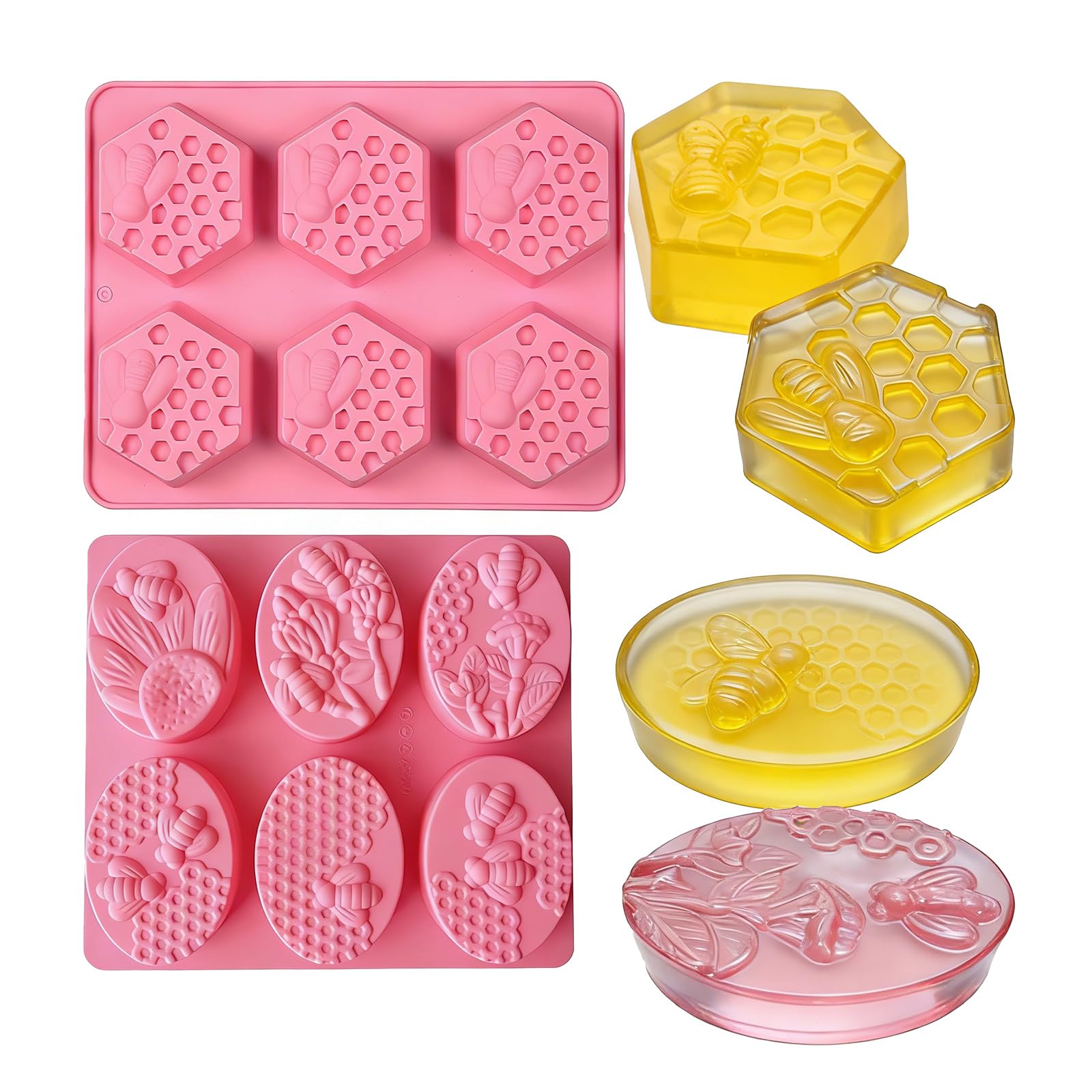 WYAHYQ 2Pcs Silicone Moulds 6 Cavities Honeycomb Bee Soap Moulds for Soap Making,Candle Moulds,Jelly Mousse Pudding Cupcake Moulds, Pink