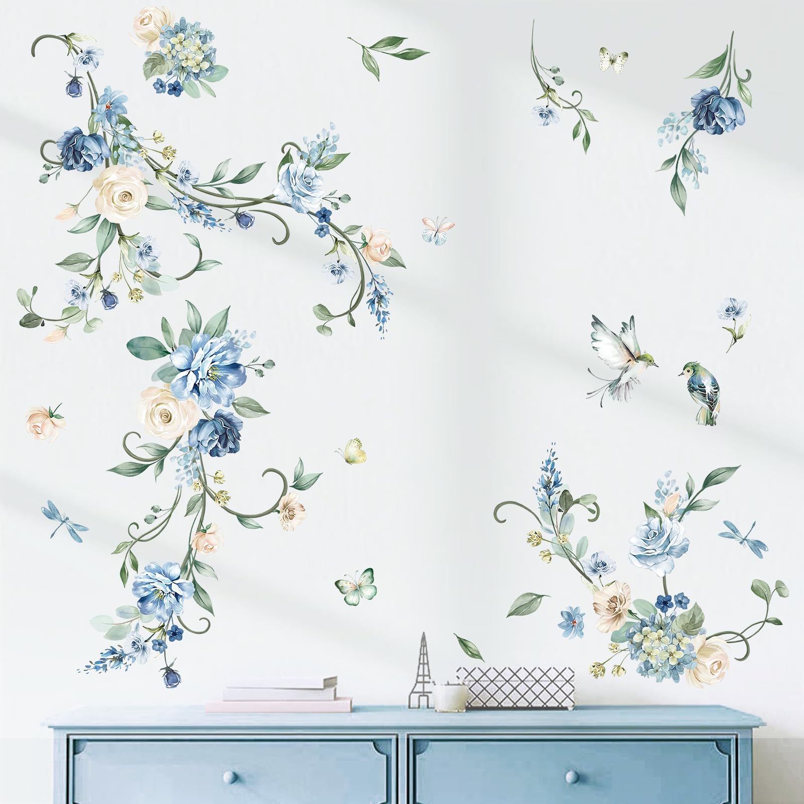 wondever Flower Vines Wall Stickers Blue Rose Watercolor Floral Peel and Stick Wall Art Decals for Bedroom Living Room TV Wall
