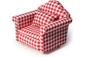 CUTEMINI Dollhouse Couch with Pillow 1 12 Scale Miniature Sofa Arm Chair Living Room Furniture Wooden Fabric Frame Single Reading Chair Artificial House Room Scene Decoration (Plaid)