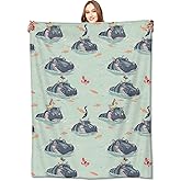 VODRM Hippo Blanket,50x60in,Cute Whimsical Water Scene Butterfly and Bird Throw Blankets,Gifts for Kids Adult & Animal Lovers, Lightweight Soft Fleece,for Sofa Couch Bed Room Modern Decor