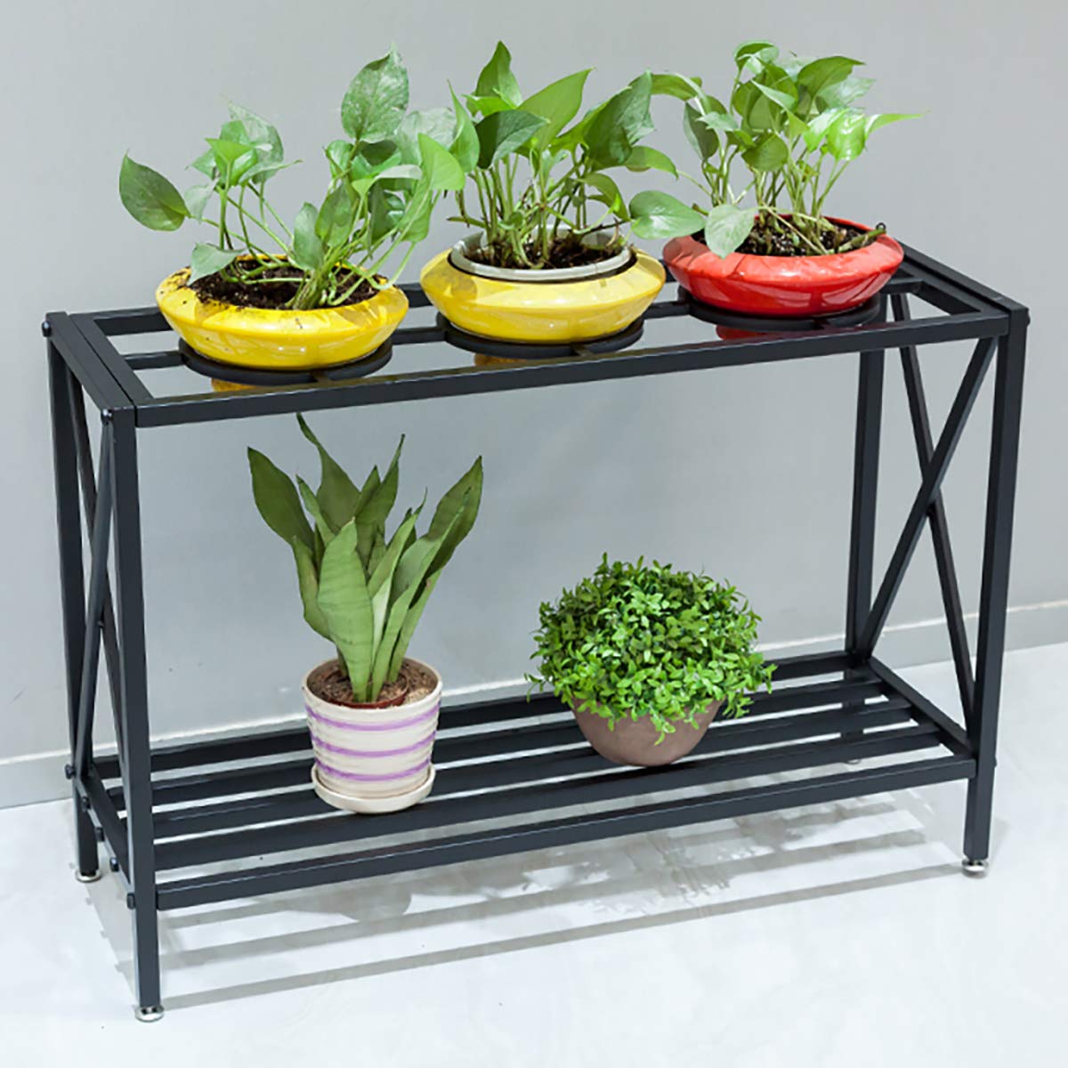 HANS CAO 2-Tier Iron Pot Shelves, Plant Stand, Plant Shelf Holder, Flower Display Storage Rack for Outdoor, Indoor, Balcony 35.4’’ x 11.8’’ x 23.6’’