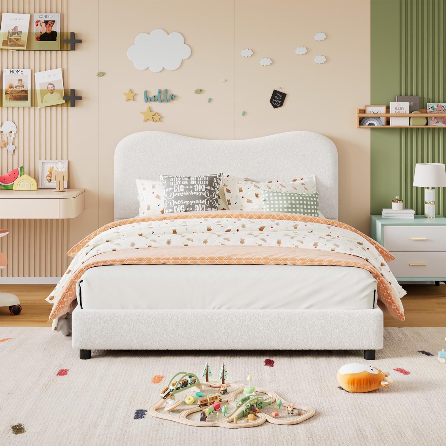 Photo 1 of GarveeHome Twin Bed Frame for Kids with Velvet Upholstered Headboard, Cute Low Profile Platform Bed for Girls and Boys, No Box Spring Needed, Strong Wooden Slats, Noise Free, Easy Assembly, White