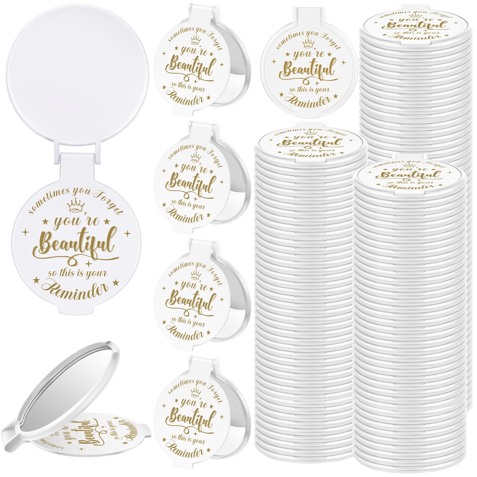 Gulfmew 100 Pcs 2.76 Inch Inspirational Compact Mirror Bulk Women Small Gifts Graduation Party Favors Purse Mirror Pocket Mini Stuffer Items for Adult Coworker Cheerleader Employee (White)