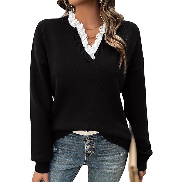 Amazon.com: Sexyshine Women's Cute Lace Trim V Neck Sweaters Loose