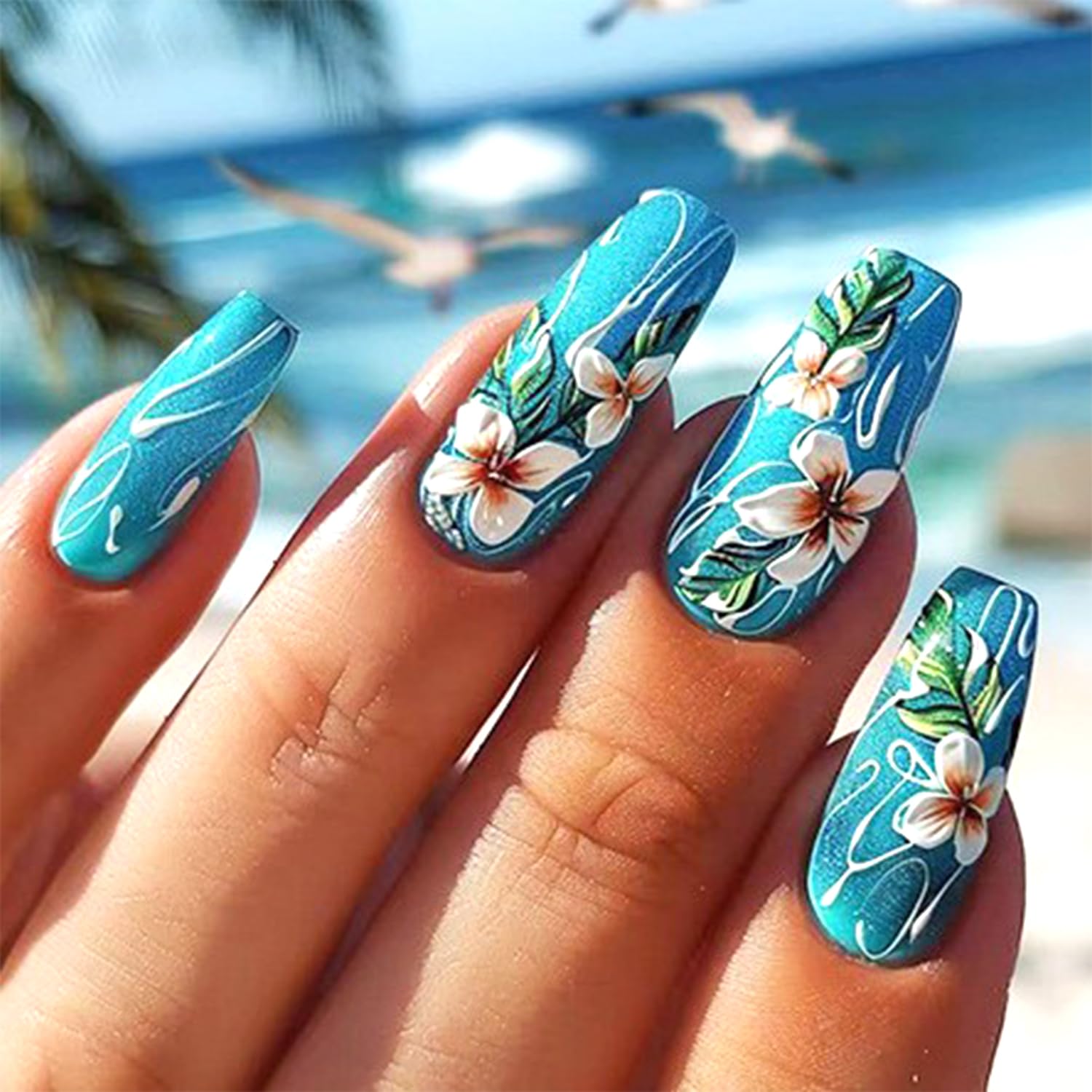 Photo 1 of LWTZLW Summer Press on Nails Long Square False Nails White Flower Full Cover Glue ons Nails Short Coffin Acrylic Fake Nail Blue Ocean Wave Matte Artificial Nail Reusable for Women