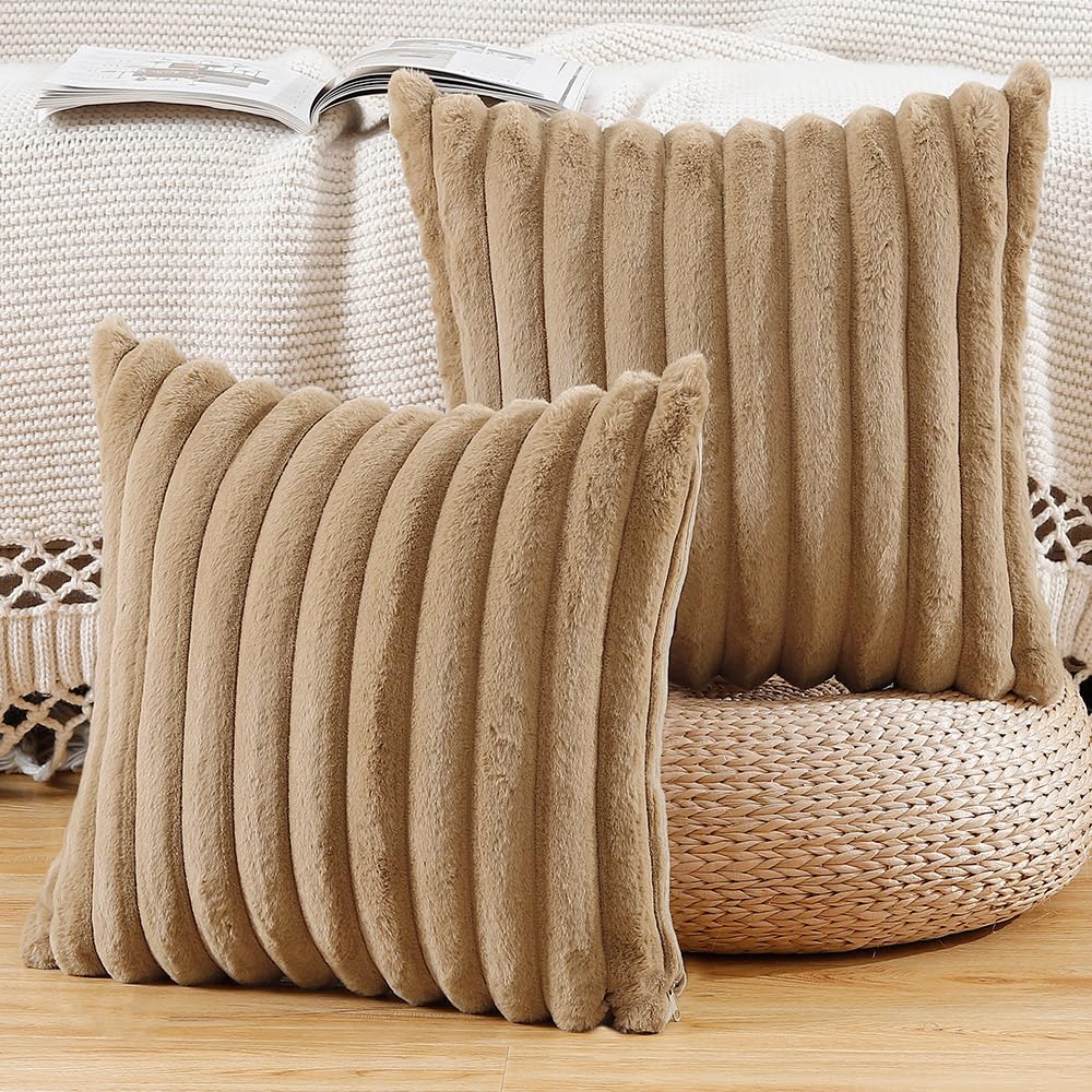 Photo 1 of MADIZZ Set of 2 Faux Wool Plush Decorative Throw Pillow Covers 26x26 Inch Camel Fluffy Striped Soft Decorative Cushion Cover for Sofa Bedroom Pillow Shell