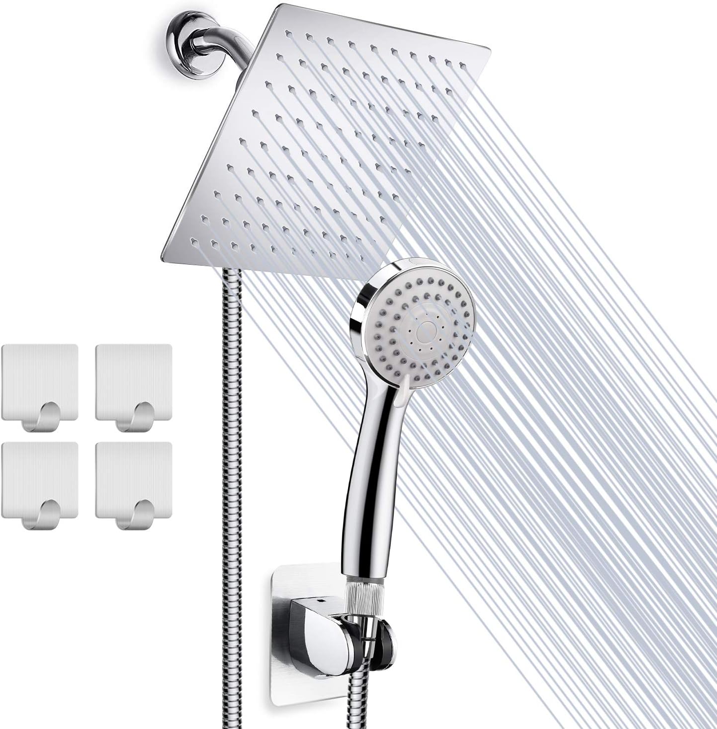 High Pressure 8'' Rainfall Stainless Steel Shower Head/Handheld Combo with 60'' Hose Anti-leak Shower Head with Holder, Flow Regulator, Chrome, 4 Shower Hooks