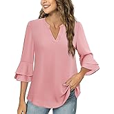 Lotusmile Womens Tops Dressy Casual 3/4 Tiered Bell Sleeve Blouses Double Layered Chiffon Work Tunic Shirts