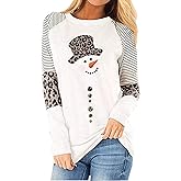 Christmas Snowman Striped Leopard Shirt Women Xmas Leopard Striped Splicing T-Shirt Color Block Casual Long Sleeve Tops