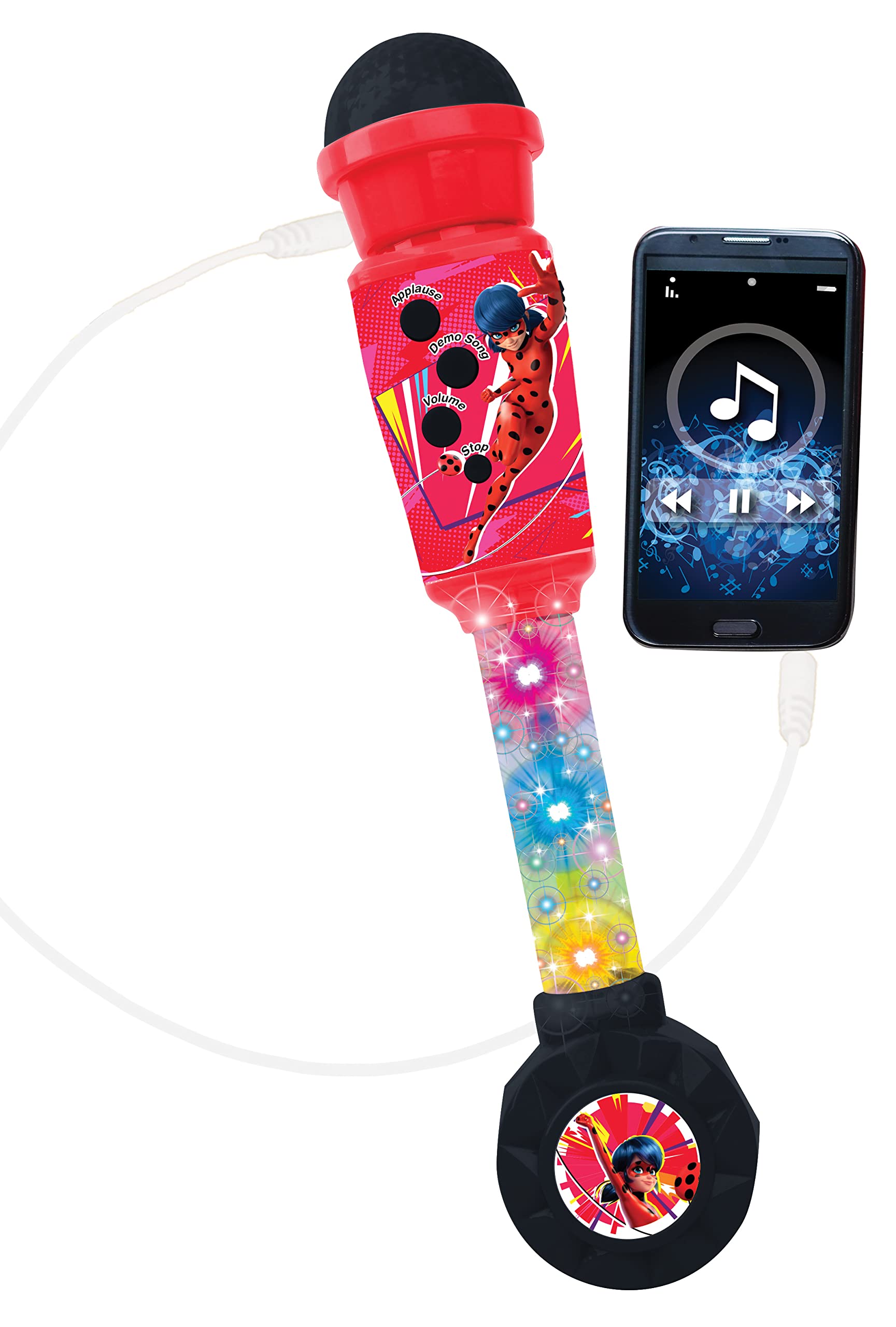 LEXiBOOK Miraculous, Lighting Microphone for Children, Musical Toy Game, Built-in Speaker, Light Effects, Aux-in Cable Plug, Red, MIC90MI