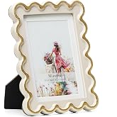 Wontree 5x7 Picture Frame in Beige with Shinning Gold Wavy Edge, Resin Frame with Real Glass, Display 5x7 Photos Matted to 4x6, Vertical and Horizontal Desk Tabletop or Wall Hanging