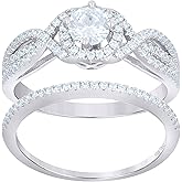 Jewels By Lux Sterling Silver Women's Cubic-Zirconia Duo Bridal Anniversary Wedding Engagement Band Ring Set