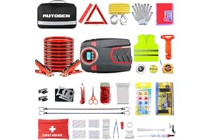 AUTOGEN Car Emergency Kit, Car Emergency Kits for Vehicles with 6 Gauge 16 Ft Jumper Cables, Roadside Emergency Car Kit with Air Compressor, 88 Pieces Winter First Aid Kit Emergency Safety Tool