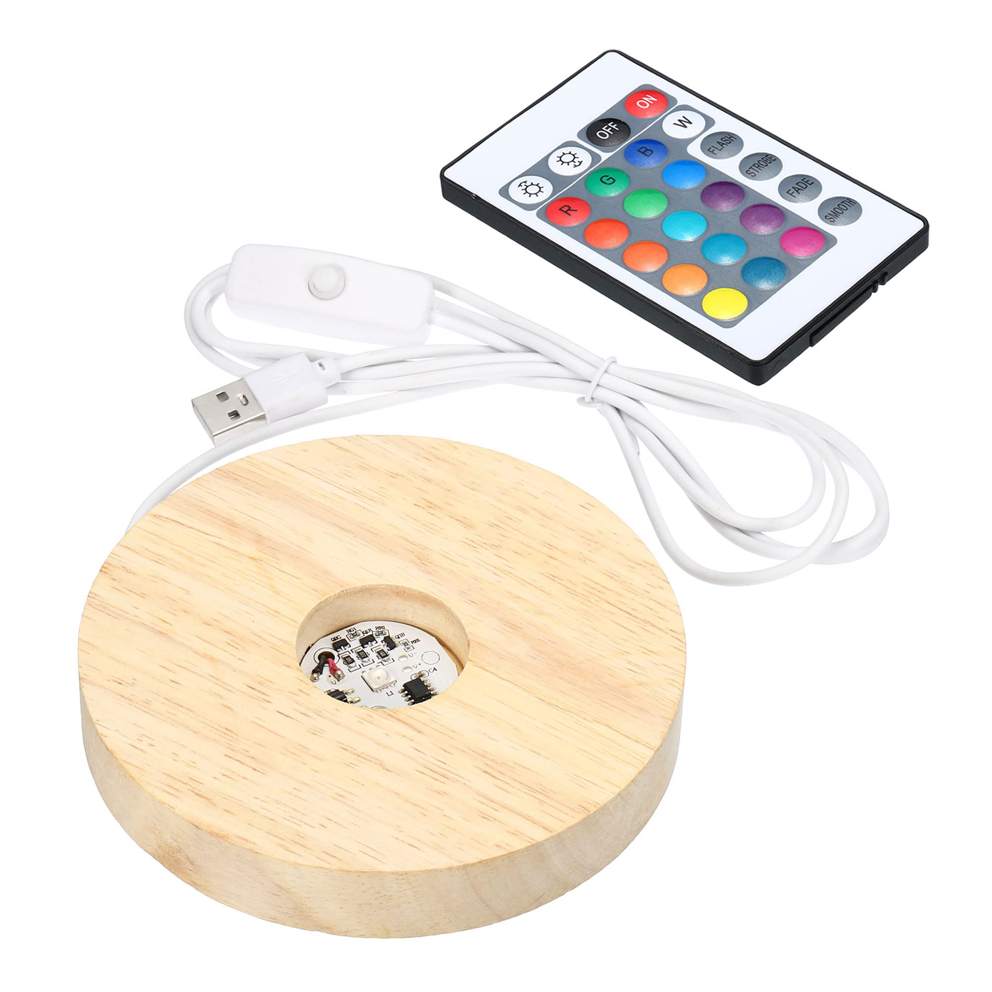 PATIKIL Wooden LED Light Base Stand, Round Wooden 4.72" Dia Multicolored Lights Display Pedestals with Remote Control for Crystal Glass Art Decorations, Wood