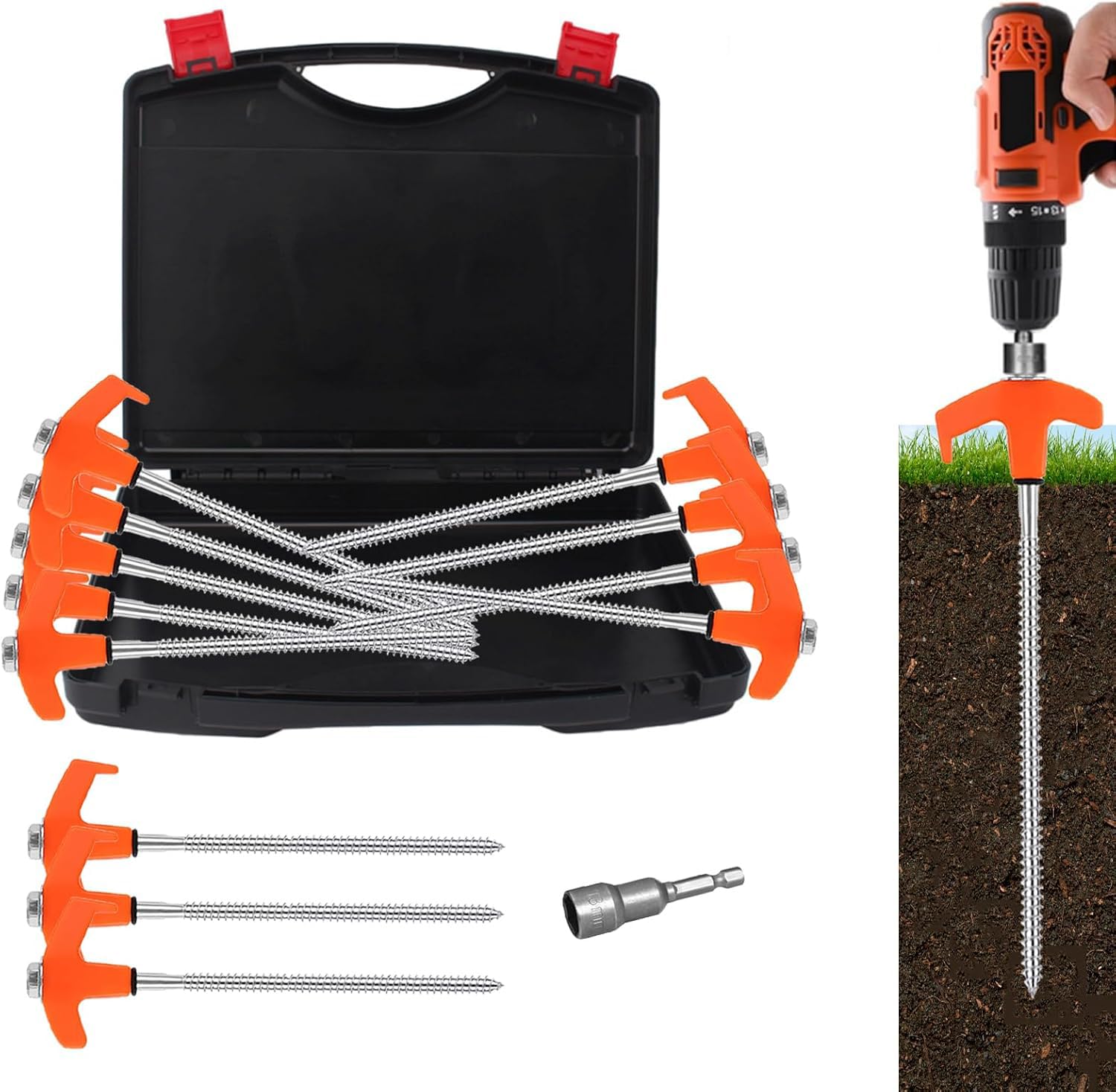 Photo 1 of 8" Tent Stakes Heavy Duty 12 Pack, Screw in Tent Stakes, Metal Threaded Camping Stakes, Ground Anchors for Canopies, Gardening and Inflatable Decor, with Storage Box and Hex Socket